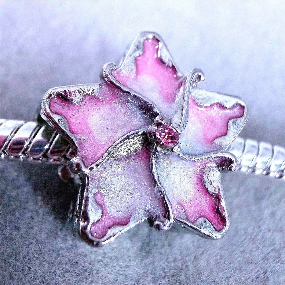Pink Enamel Flower Crystal Charm fits PANDORA